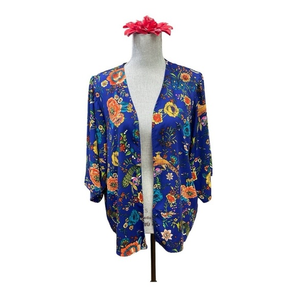 Forever 21 Royal Blue Floral and Peacock Kimono size M. Vibrant colors - Picture 1 of 9